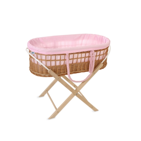 Moses wicker basket in BOHO style with stand with cotton lining - pink checkered