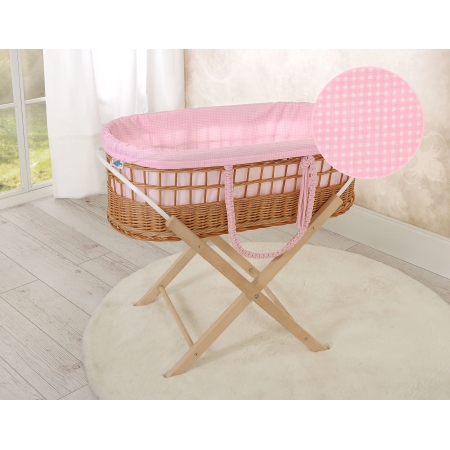 Moses wicker basket in BOHO style with stand with cotton lining - pink checkered