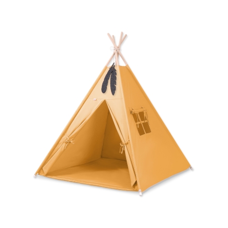 Teepee Kinderspiel-Zelt für Kinder + Spielmatte+ Schmuckfedern - honiggelb