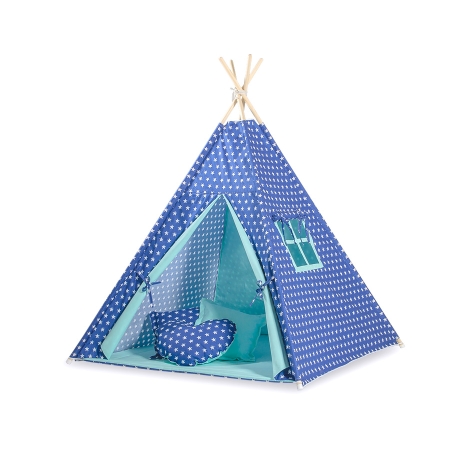 Teepee Kinderspiel-Zelt für Kinder + Schmuckfedern - Dunkelblaue Sternchen