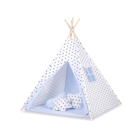 Teepee Kinderspiel-Zelt für Kinder + Spielmatte+ Schmuckfedern - Schwarze Sternchen/blau