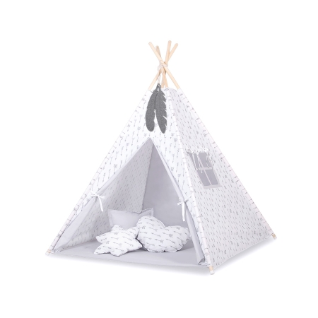 Teepee Kinderspiel-Zelt für Kinder + Spielmatte+ Schmuckfedern - grauen Pfeilen