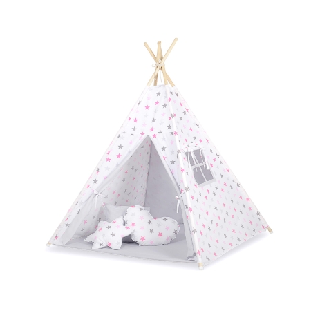 Teepee Kinderspiel-Zelt für Kinder + Spielmatte+ Schmuckfedern - Rosa-graue Sternen/grau