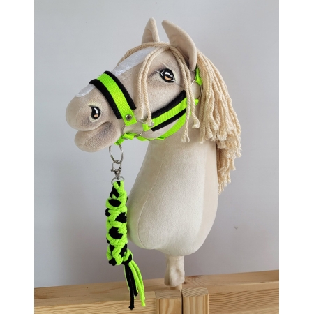 Set für Hobby Horse: Die Halfter A3 mit schwarzer Pelz + Halfter aus Kordel - neon-green/ schwarz