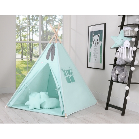 Teepee Kinderspiel-Zelt für Kinder + Spielmatte + Kissen + Schmuckfedern - minze