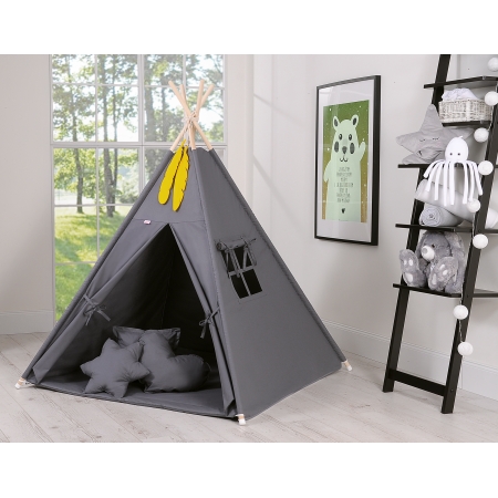 Teepee Kinderspiel-Zelt für Kinder + Spielmatte + Kissen + Schmuckfedern - anthrazit