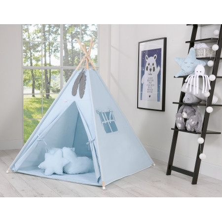 Teepee Kinderspiel-Zelt für Kinder + Spielmatte + Kissen + Schmuckfedern - blau