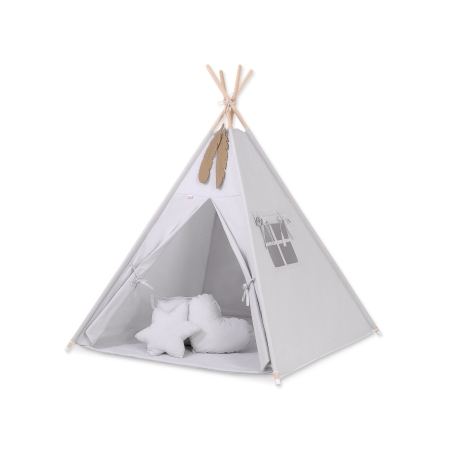 Teepee Kinderspiel-Zelt für Kinder + Spielmatte + Kissen + Schmuckfedern - grau