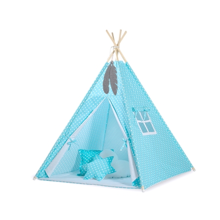 Teepee Kinderspiel-Zelt für Kinder + Spielmatte+ Schmuckfedern - Türkis-Punktmuster