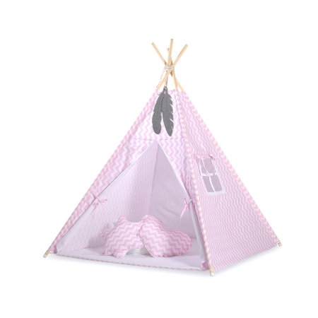 Teepee Kinderspiel-Zelt für Kinder + Spielmatte+ Schmuckfedern - Chevron rosa