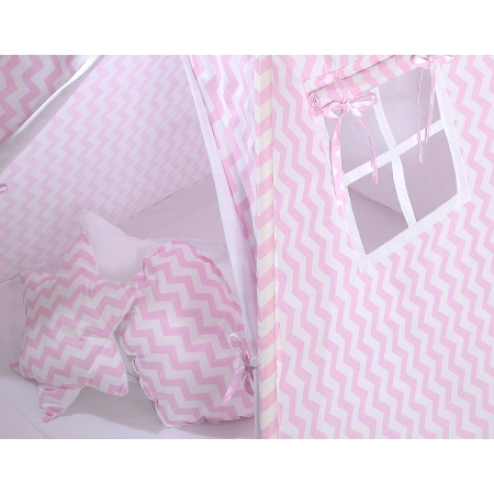 Teepee Kinderspiel-Zelt für Kinder + Spielmatte+ Schmuckfedern - Chevron rosa