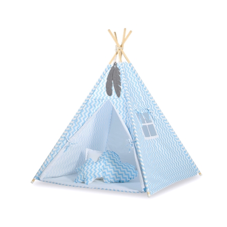 Teepee Kinderspiel-Zelt für Kinder + Spielmatte+ Schmuckfedern - Chevron blau