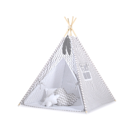 Teepee Kinderspiel-Zelt für Kinder + Spielmatte+ Schmuckfedern - Chevron grau