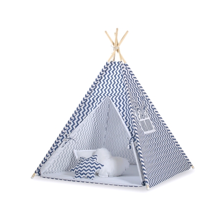 Teepee Kinderspiel-Zelt für Kinder + Schmuckfedern - Chevron dunkelblau