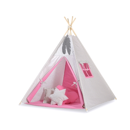 Teepee Kinderspiel-Zelt für Kinder + Spielmatte + Kissen + Schmuckfedern - Grau kariert-rosa