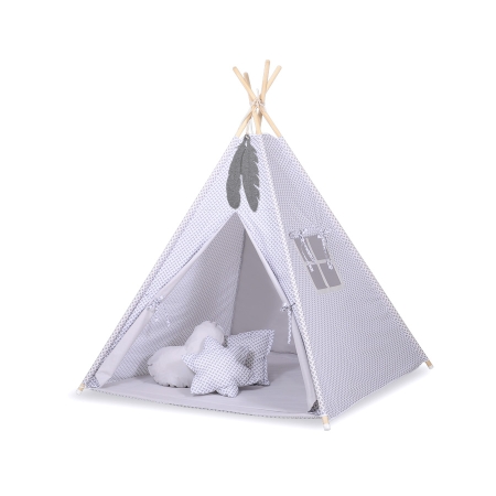 Teepee Kinderspiel-Zelt für Kinder + Spielmatte + Kissen + Schmuckfedern - Rosette grau