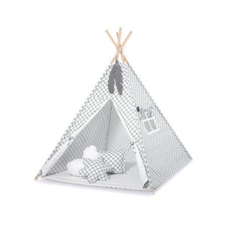 Teepee Kinderspiel-Zelt für Kinder + Spielmatte + Kissen + Schmuckfedern - grau Punkt-Muster