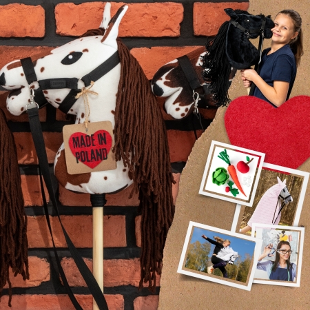 Hobby Horse   Pferd auf Stock mit Halfter und Zügel A5 - Brauner und Schecken