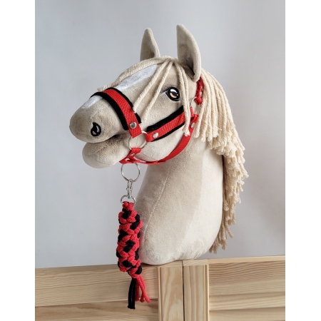 Set für Hobby Horse: Die Halfter A3 mit schwarzer Pelz + Halfter aus Kordel - schwarz-rot